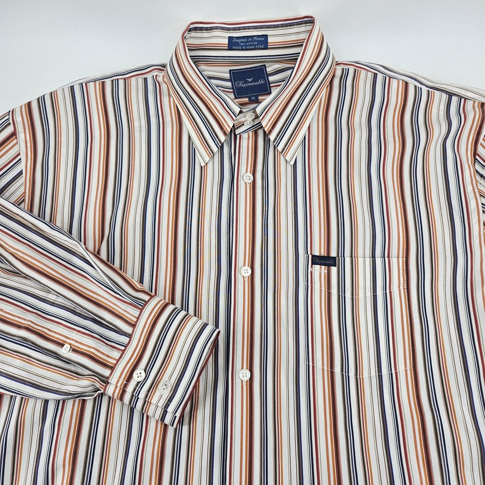 Faconnable‎ Mens XL Striped Button Down Shirt Cotton Long Sleeve Multi Color